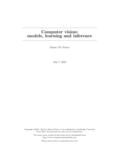 Computer Vision: Models, Learning, and Inference