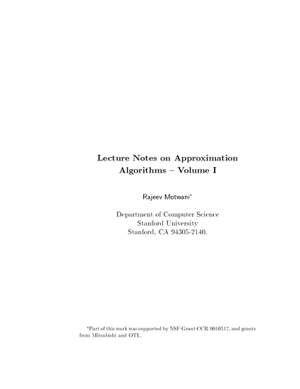 Lecture Notes on Approximation Algorithms Volume I