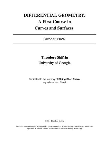 DIFFERENTIAL GEOMETRY: A First Course in Curves and Surfaces